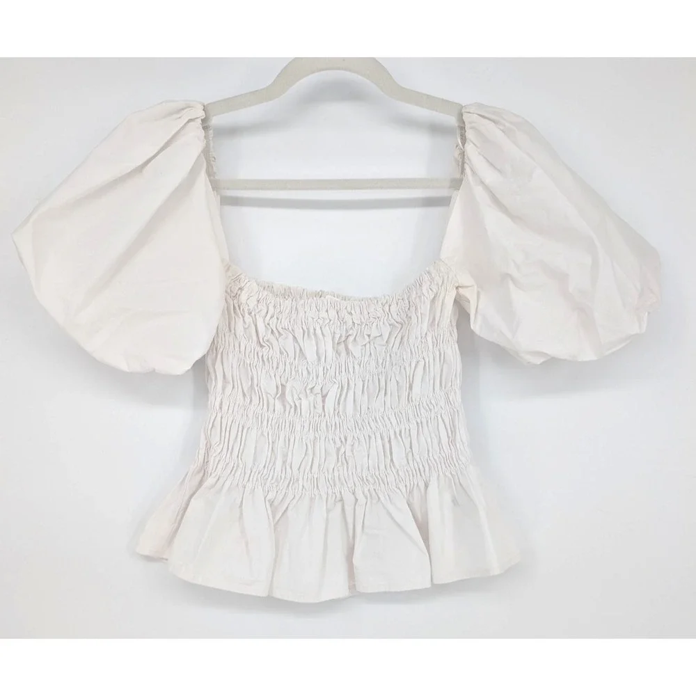ASTR The Label Savina White Poplin Puff Sleeve Smocked‎ Peplum Ruffle Top Small